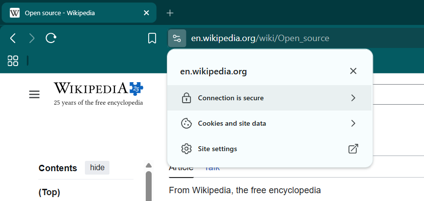 A browser address bar displaying the padlock icon, shown on the 'Open Source' Wikipedia page.